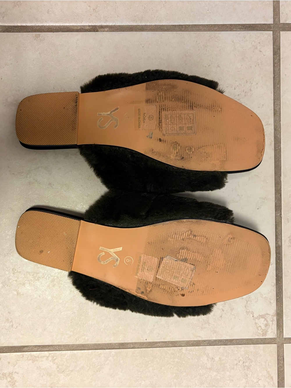 Yosi Samra Olive Faux Fur Slide Sandals - Women's Comfort Mules